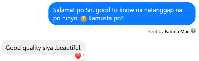 Decagon asks how the received items are. Francisco replies: Good quality siya .beautiful.